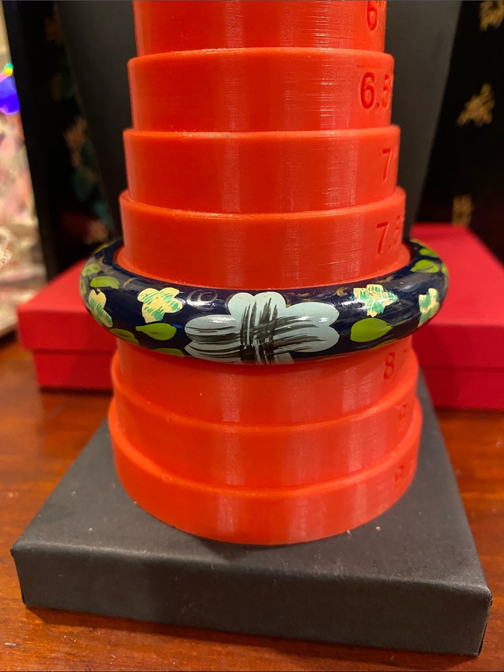 Hand-Painted Navy Floral Wood Bangle Bracelet - Women Accessories